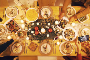 An overhead view of a holiday feast on a table