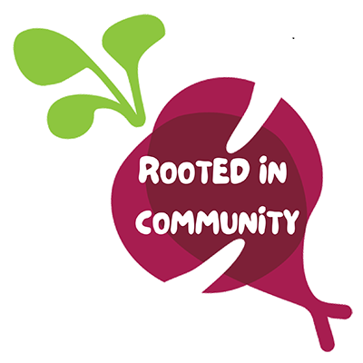 Rooted in Community written over a graphic of a dark red beet