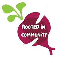 Dibujo de remolacha con las palabras"Rooted in Community" superpuestas en la parte superior