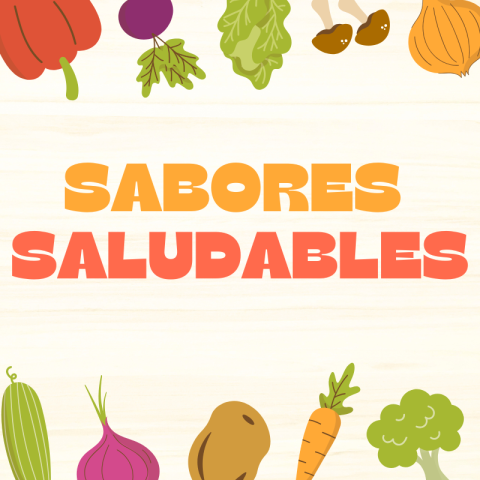 Tarjeta de título "Sabores Saludables" con borde ilustrado de vegetales brillantes.  