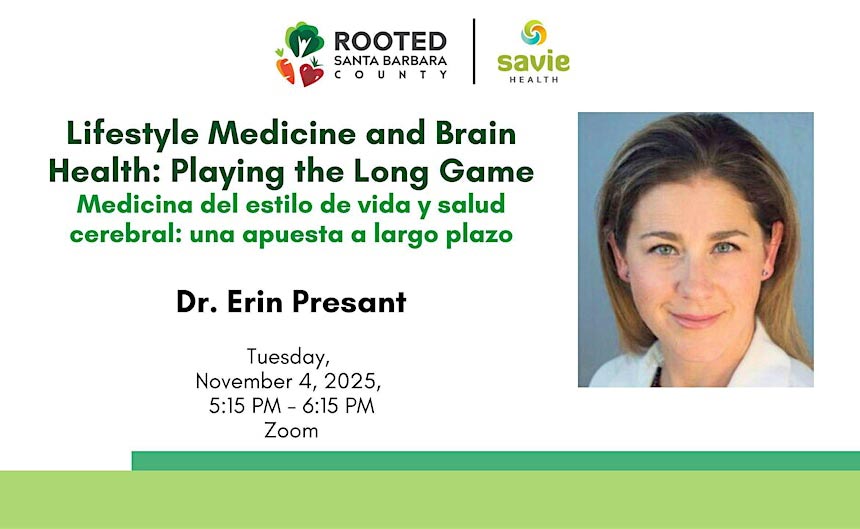rsb-medicina-de-estilo-de-vida-salud-cerebral Folleto de salud cerebral sobre medicina del estilo de vida que muestra a la Dra. Erin Presant y detalles del evento.