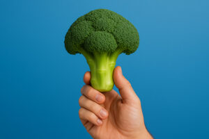 Una mano sostiene un tallo de brócoli como si fuera una bombilla de 