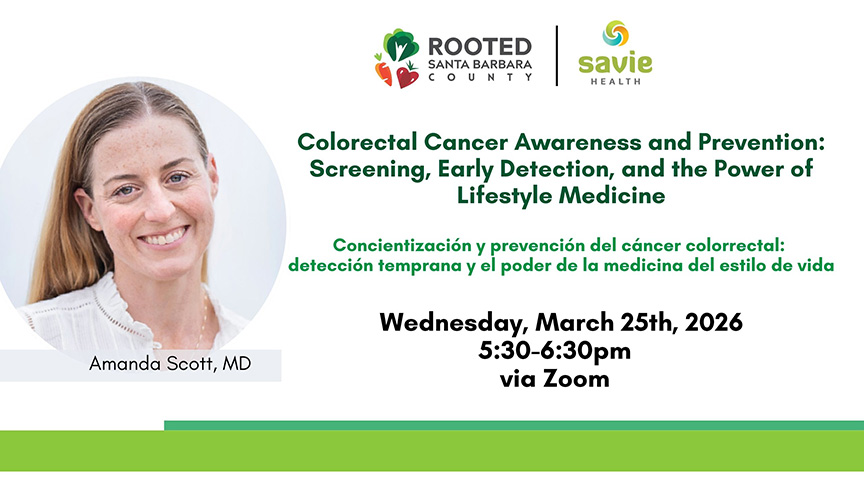 Colorectal Cancer Awareness and Prevention Webinar Flyer with picture of presenter Amanda Scott, MD