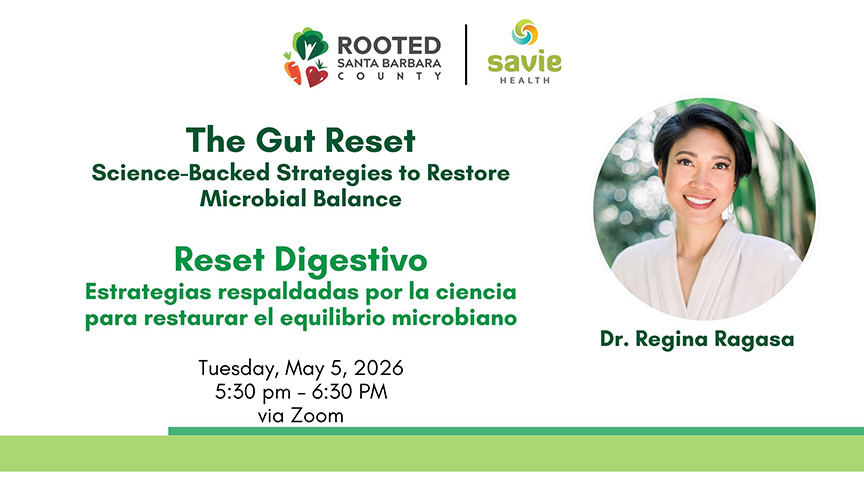 Folleto del seminario web Gut Reset con foto de la presentadora, la Dra. Regina Ragasa.